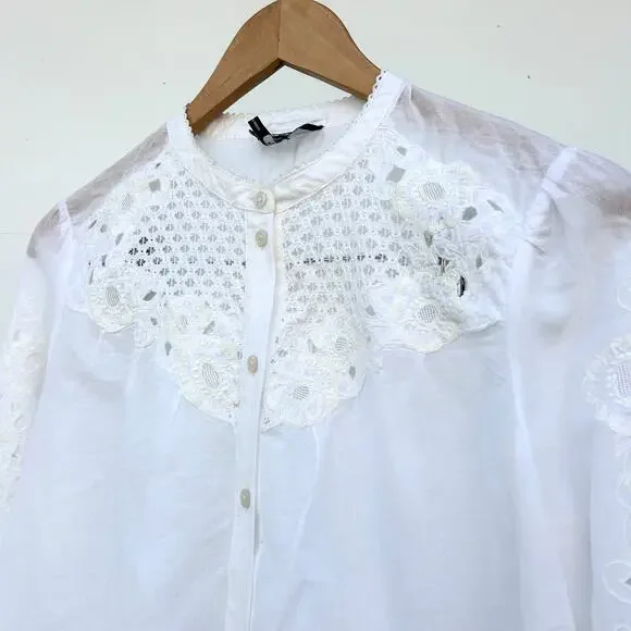 ME+EM White Broderie Eyelet Lace Embroidered Blouse Cotton Voile 2 XS Cottage - Picture 8 of 13
